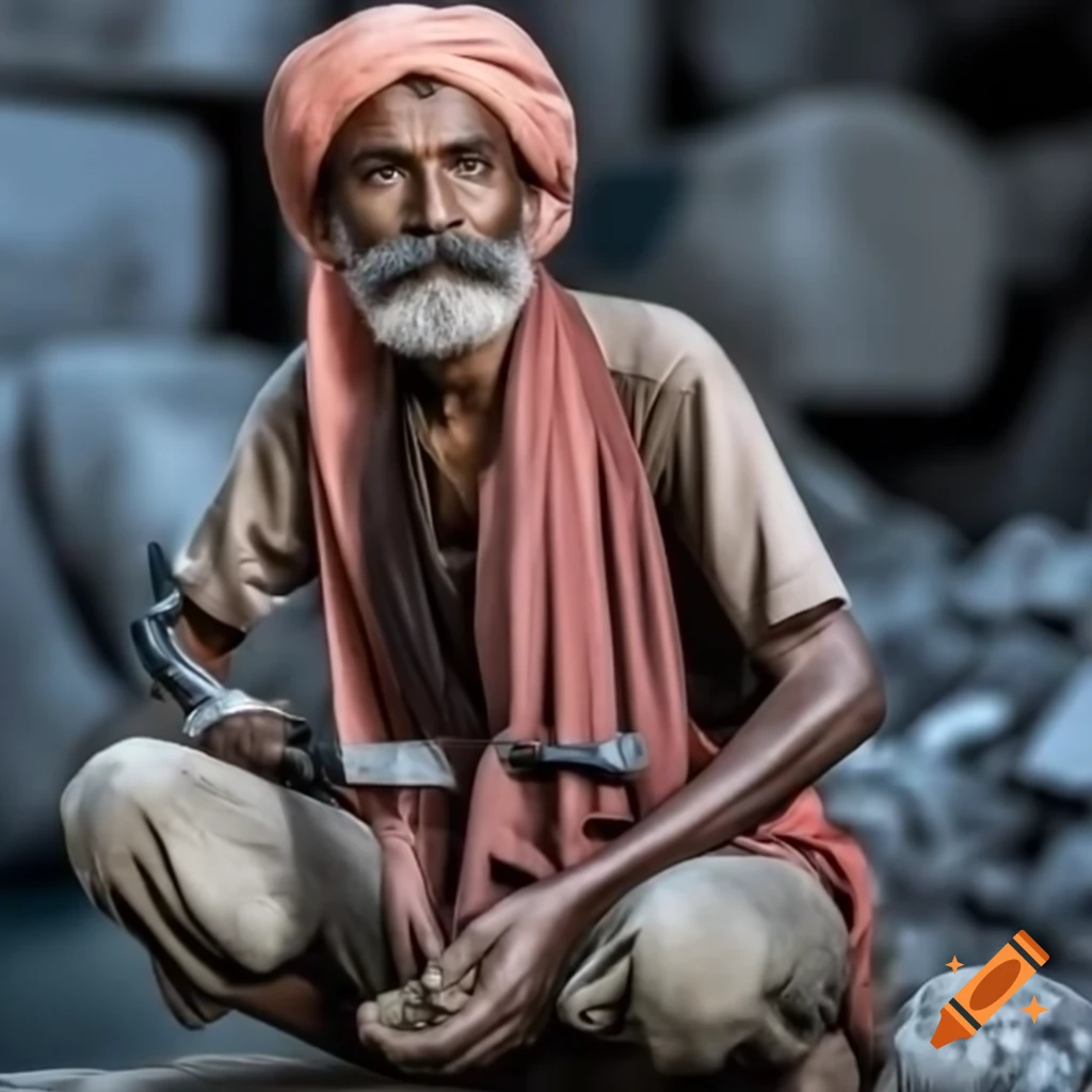 Hindu quarry worker engaged in stone excavation