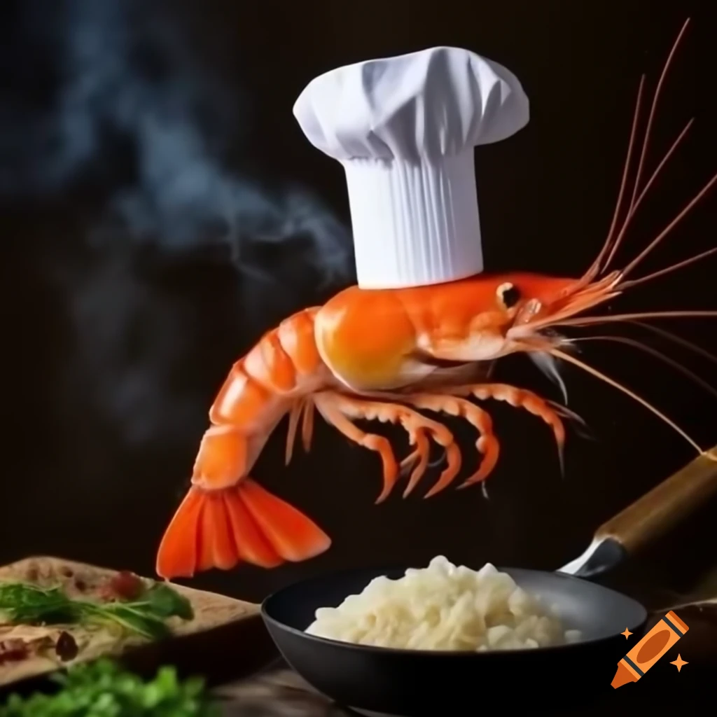 Realistic shrimp wearing chef hat frying rice in a kitchen