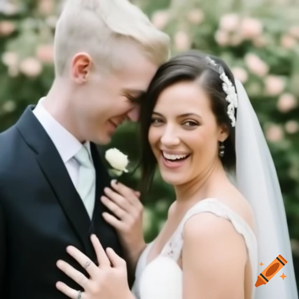 Happy couple showcasing wedding bands in elegant attire