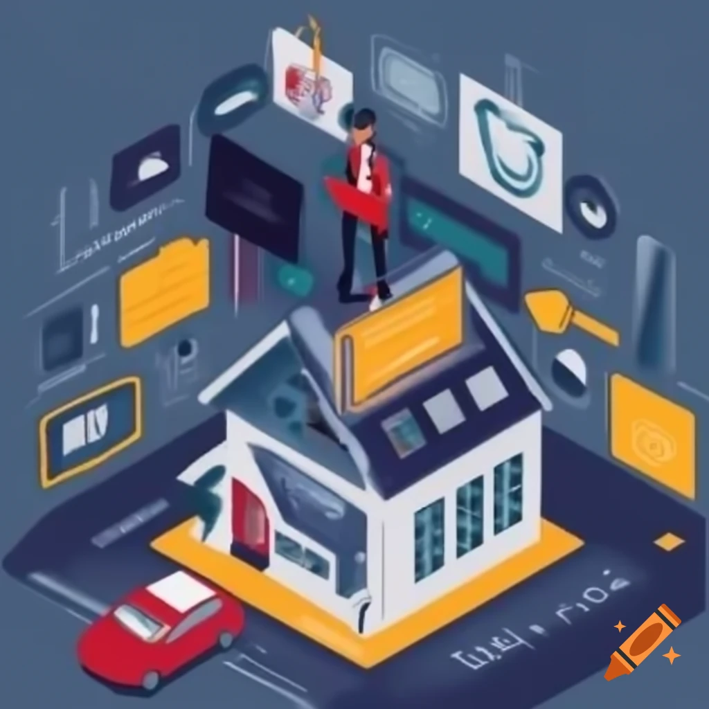 Art representing a man graduating, becoming a data analyst, and achieving homeownership with a car