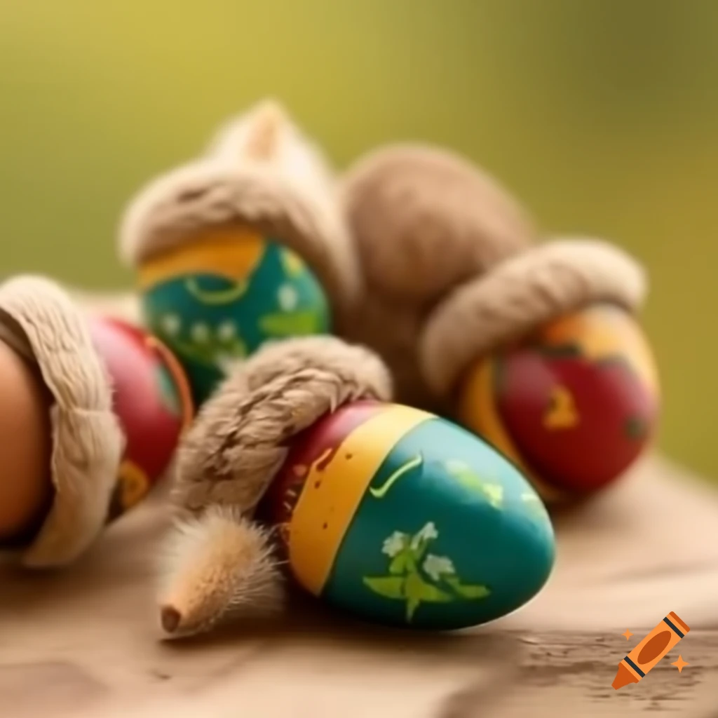 Acorns designed as colorful Easter eggs
