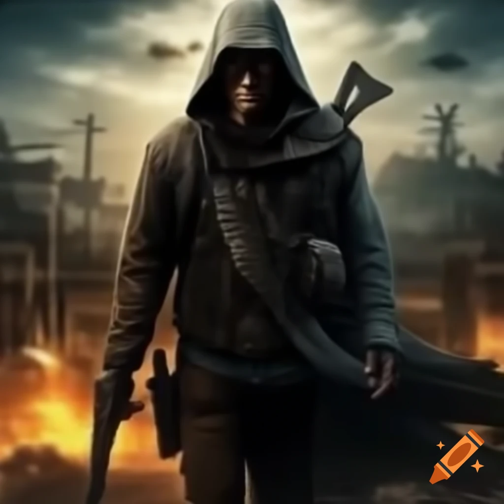 Hooded man with gun in apocalyptic landscape