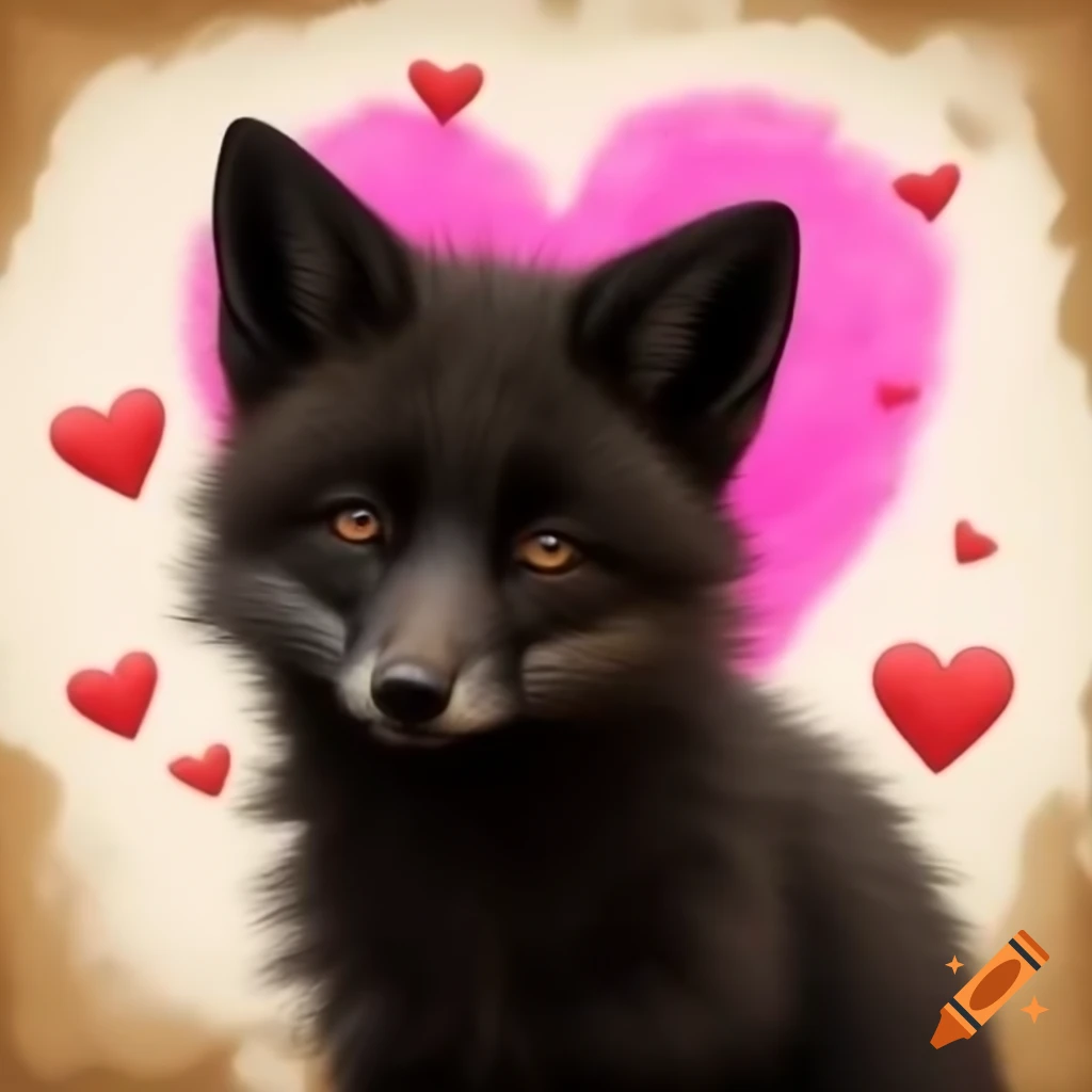 Valentine's card with black furry fox and pink heart