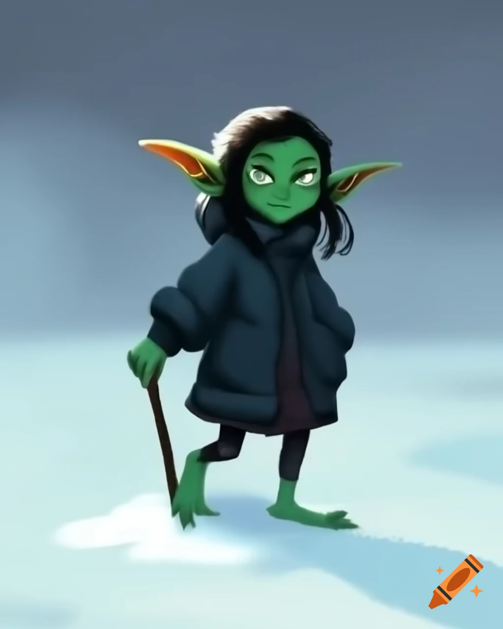 Green-skinned goblin girl in winter clothes barefoot in the snow