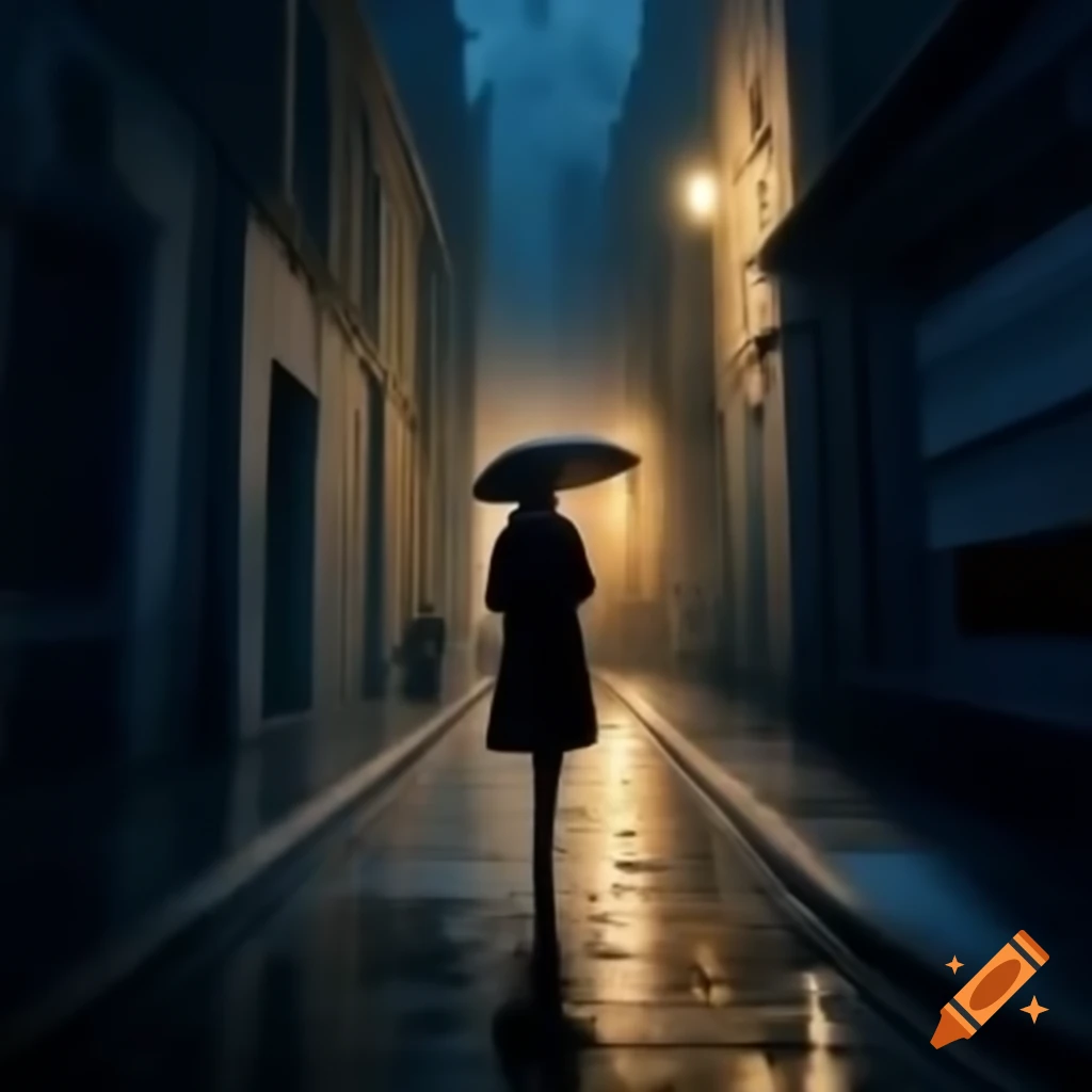Quiet street at night with drizzling rain and person walking on ...