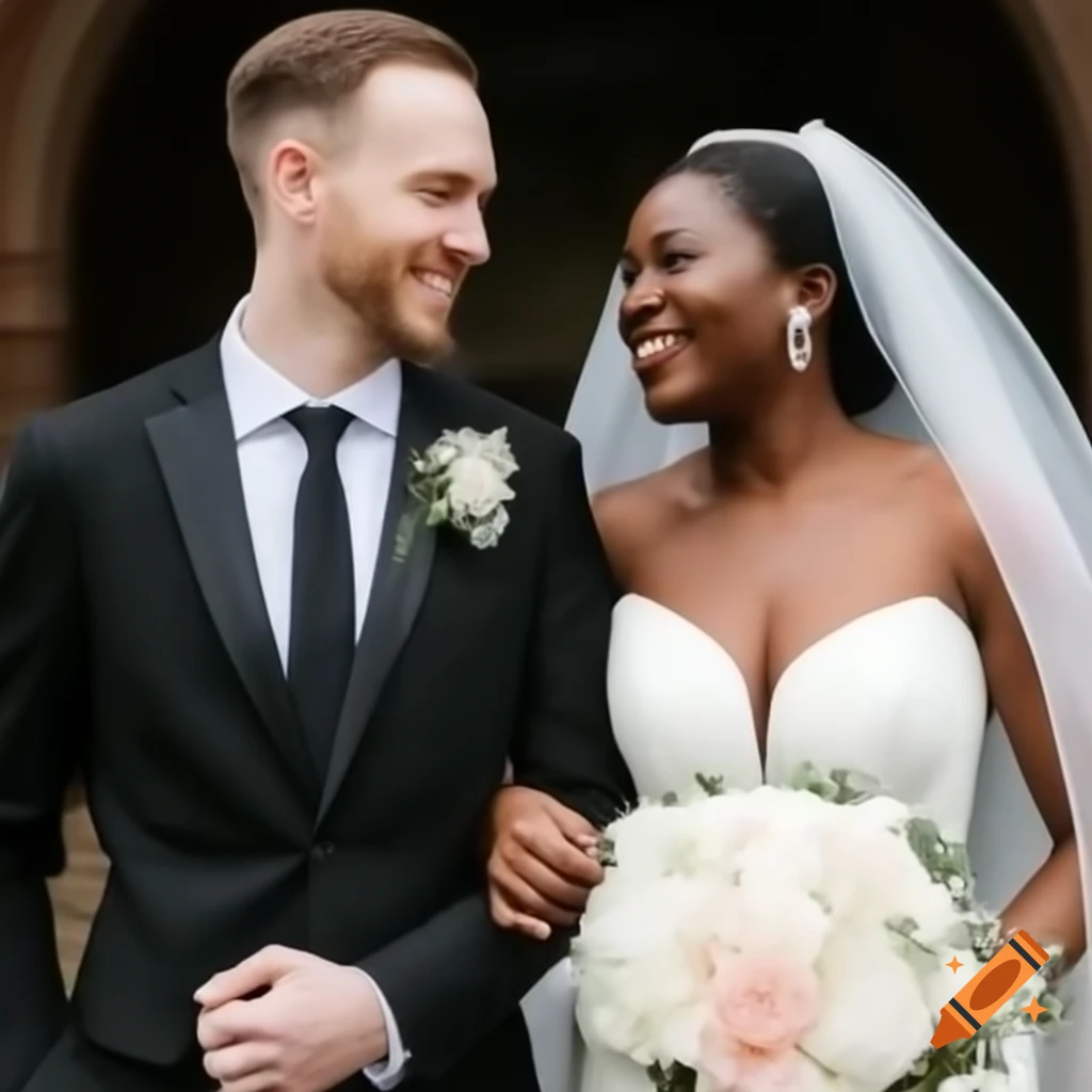 Happy couple showcasing wedding bands in elegant attire