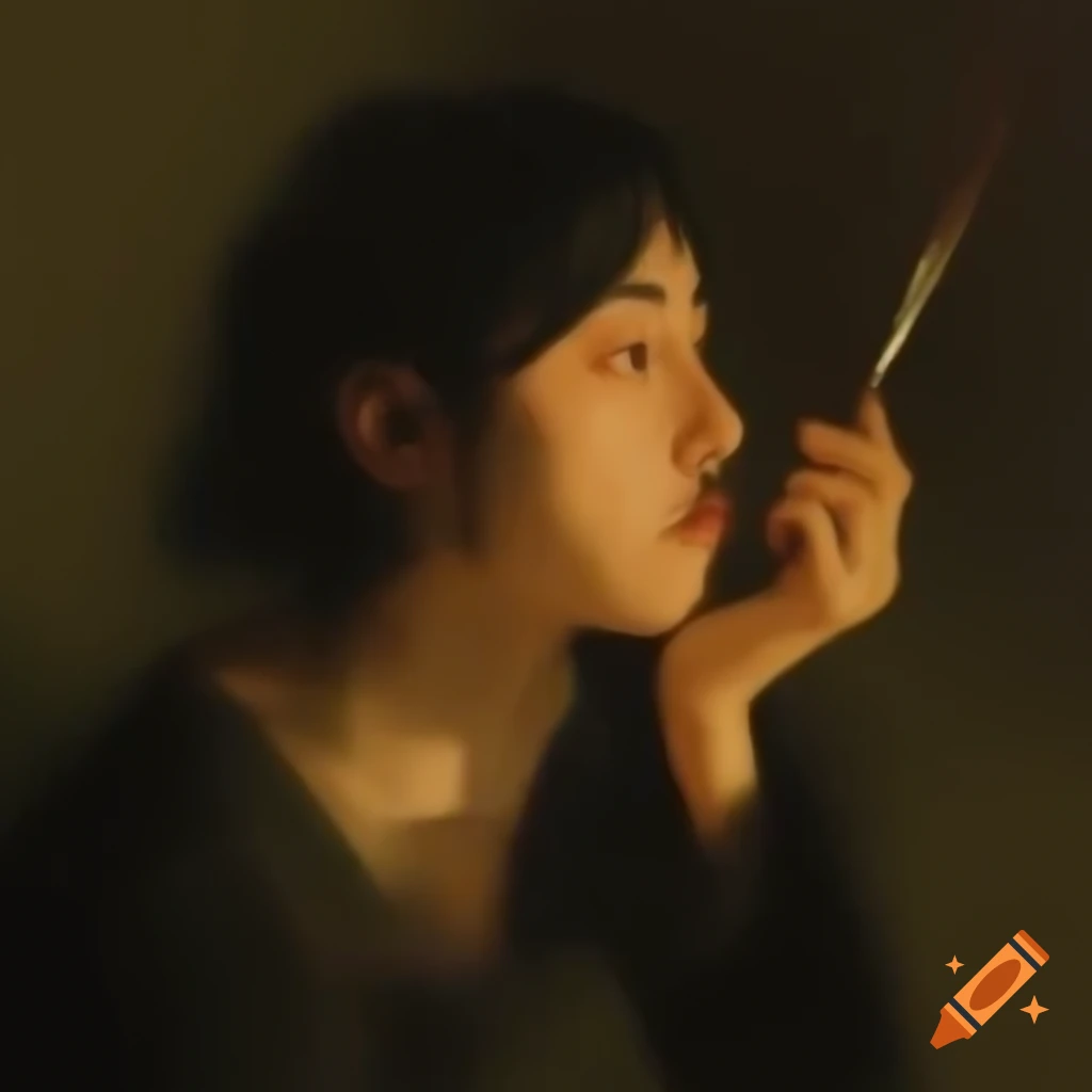 Painter in contemplation with brush mid-stroke