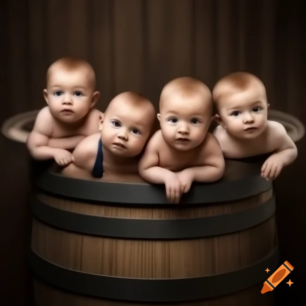 Babies playfully sitting in a barrel