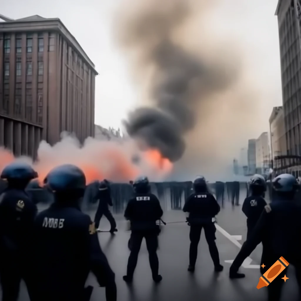 Burnet Rd Riot Smoke rising from deserted streets with abandoned police riot gear on ...