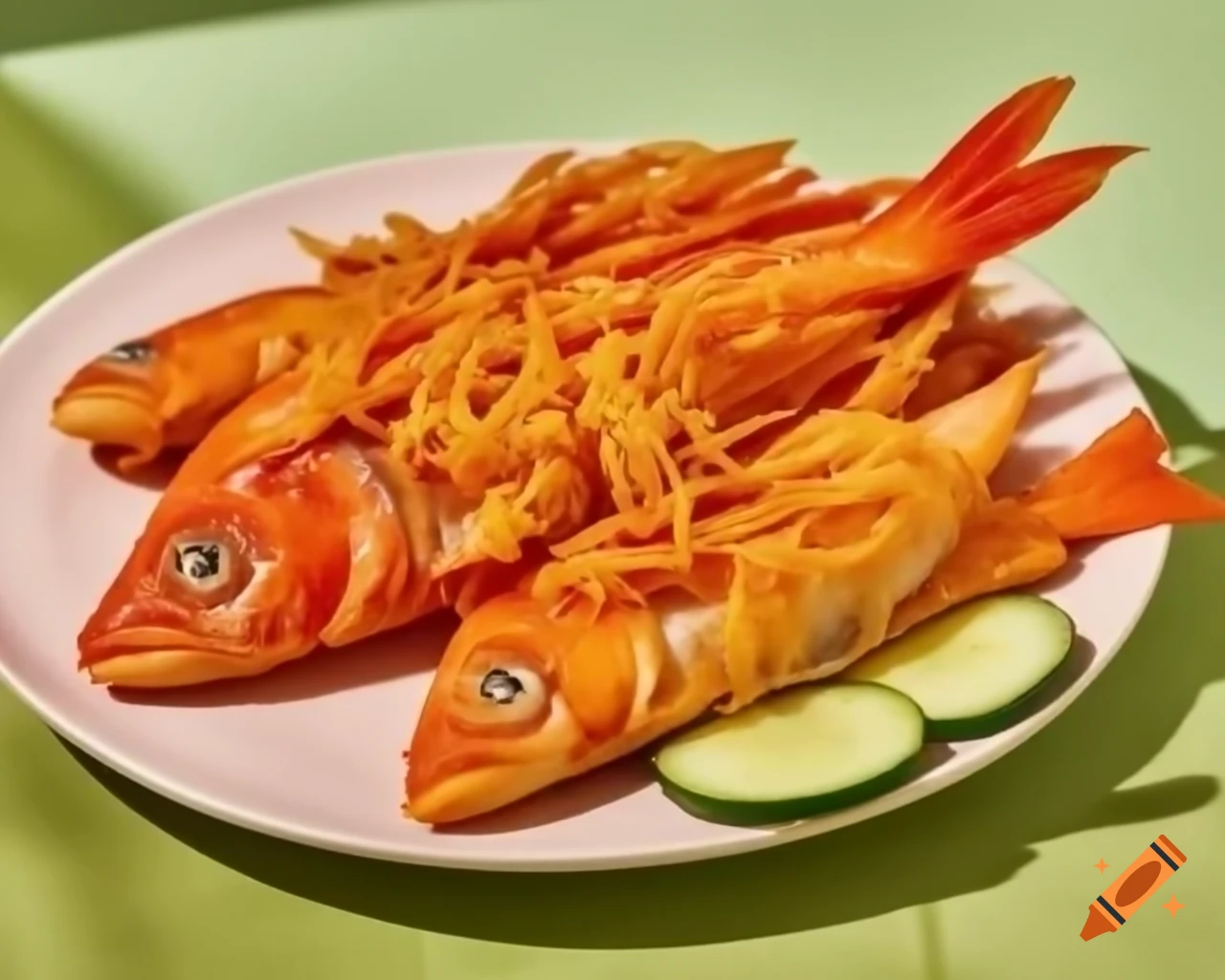 Fried fish served with pickled cucumber on a plate