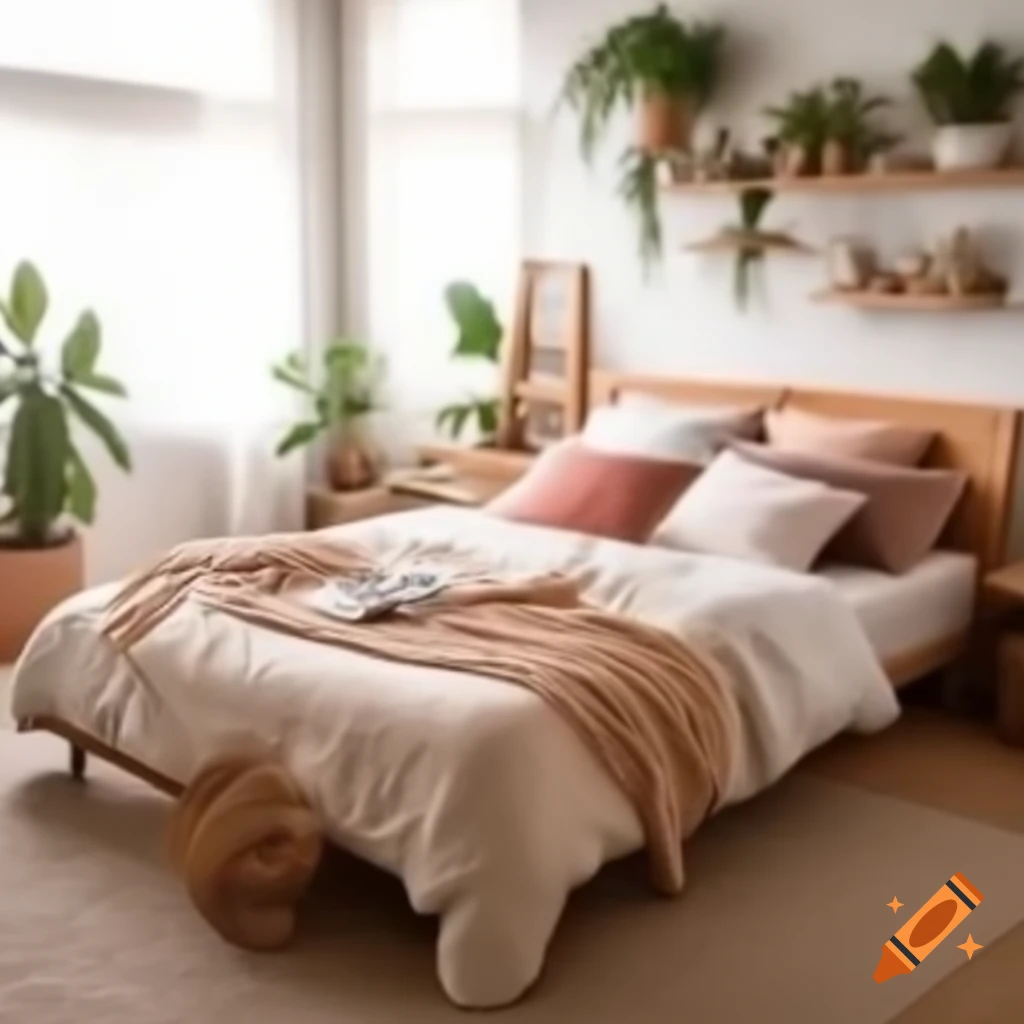 Comfy boho bedroom with king size bed, plants, and shelves