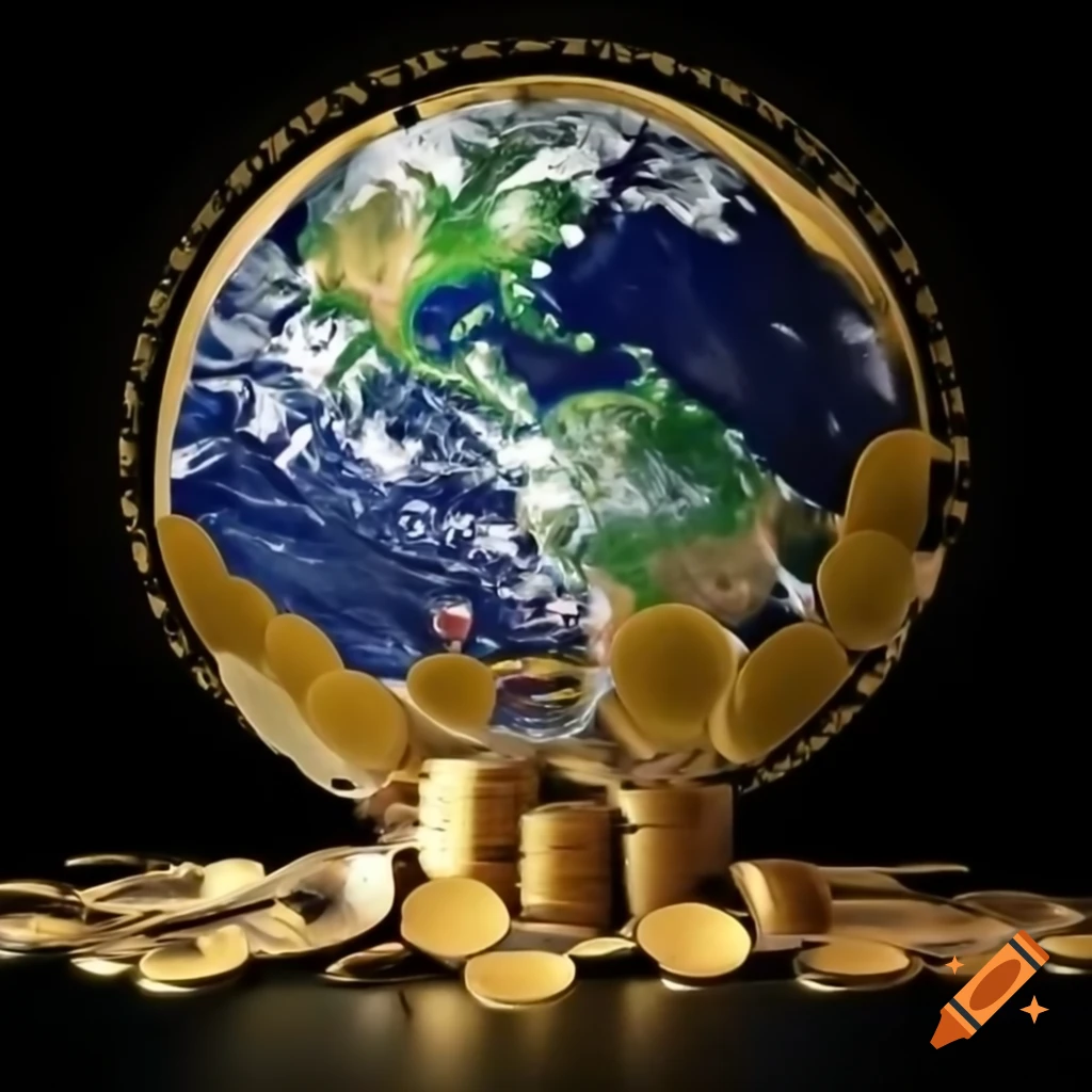 Earth surrounded by gold coins with text NO COUNTRY COIN
