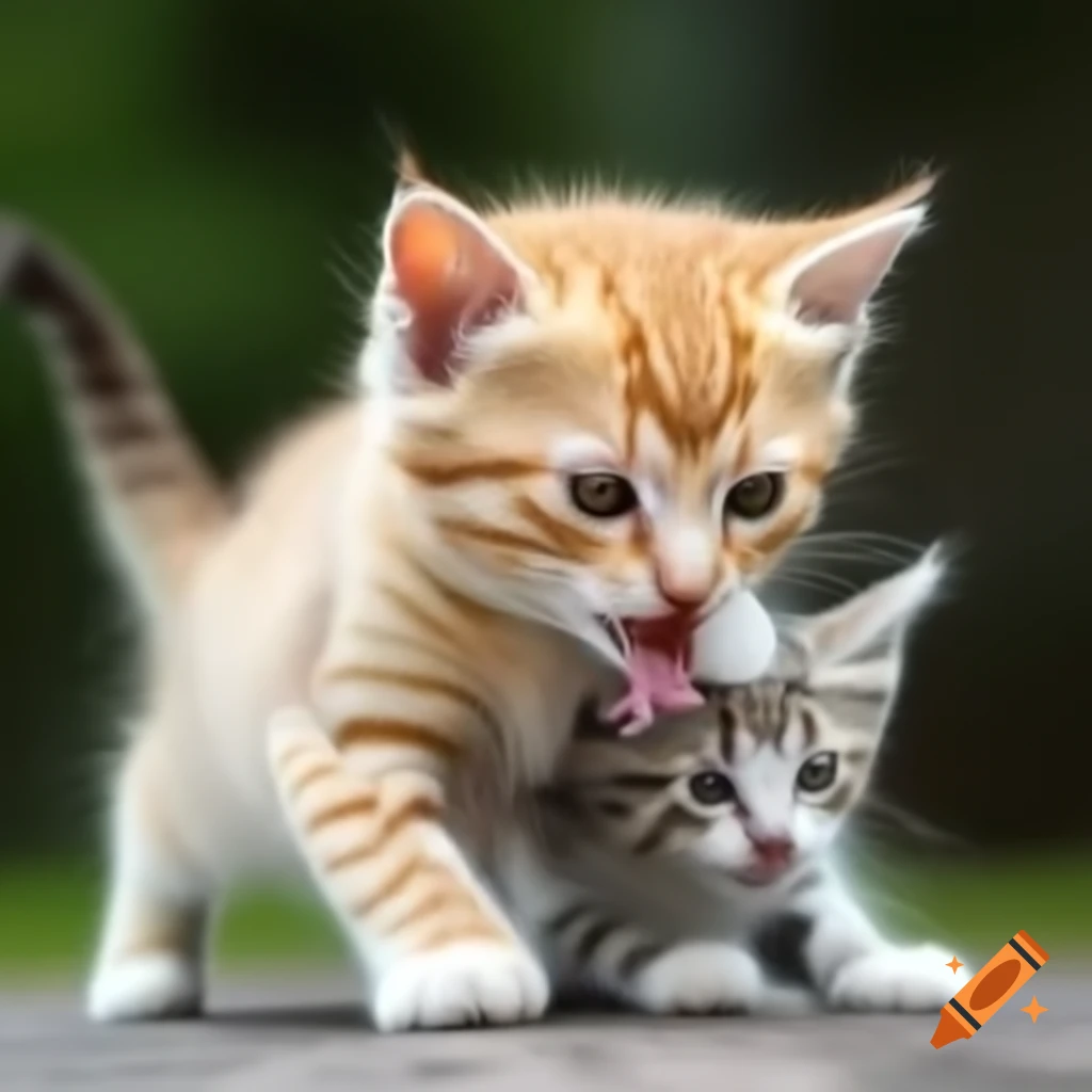 Yellow female kitten playfully engaging with chubby kitten