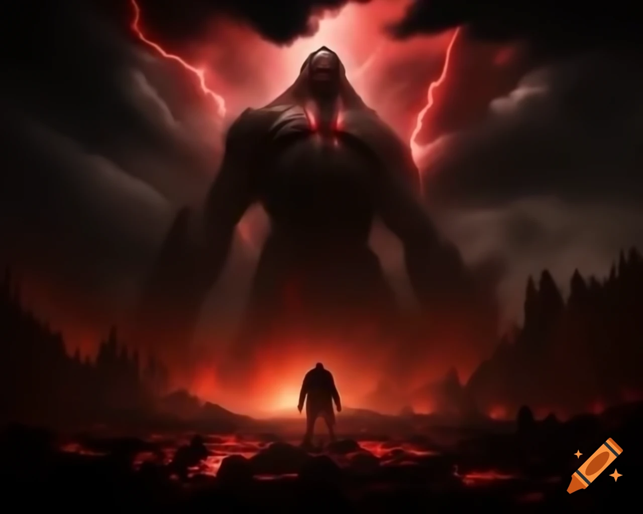 Dramatic end of the world scene with storm, lightning, giant figure ...