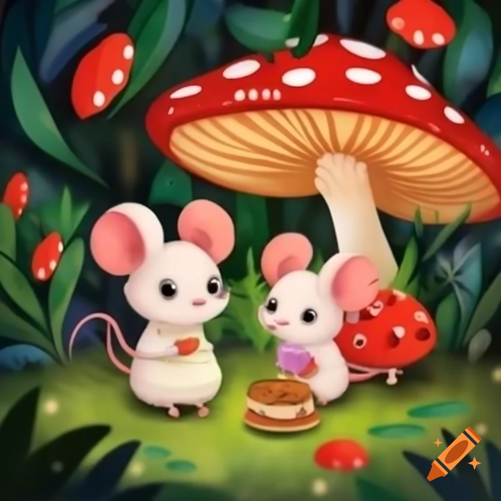 Two cute mice having breakfast in colorful forest with ladybird waiter ...