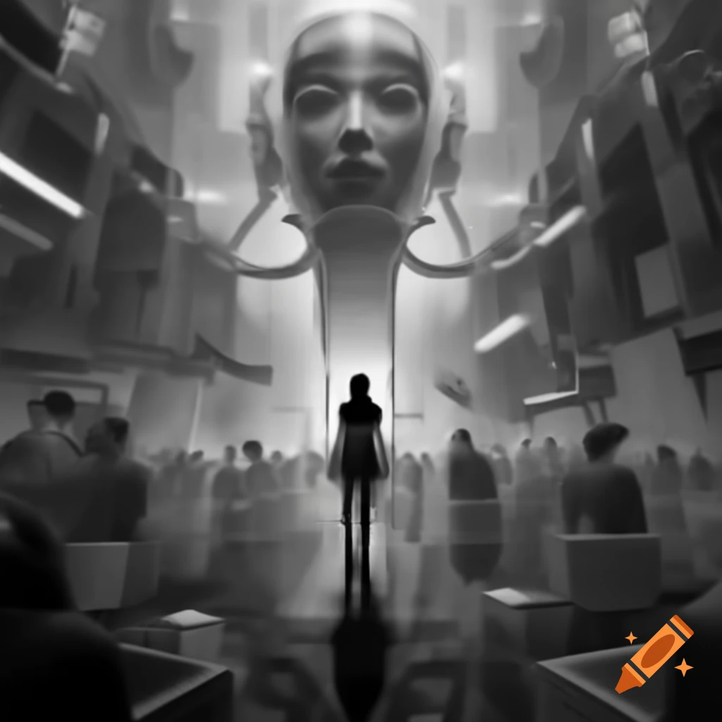 Futuristic black and white propaganda poster featuring woman leader with feminist slogan