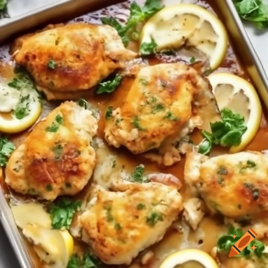 Garlic herb baked chicken thighs with crispy skin, garnished with parsley and lemon