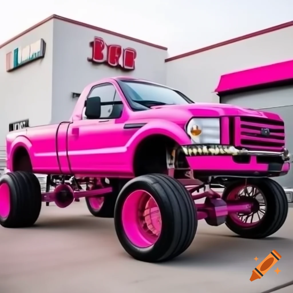 Vibrant pink 2006 Ford F350 with lift kit and teal racing stripes