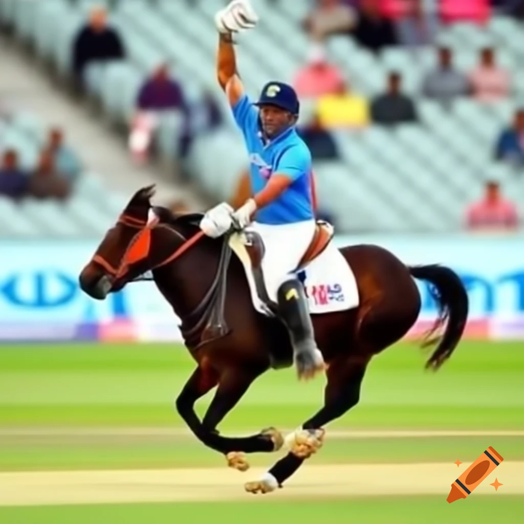 MS Dhoni riding a pony towards a cricket ground