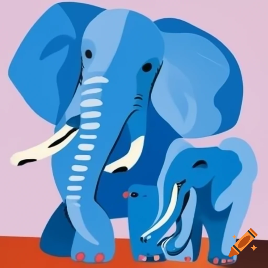 Cubist style depiction of mother and baby elephants in blue tones
