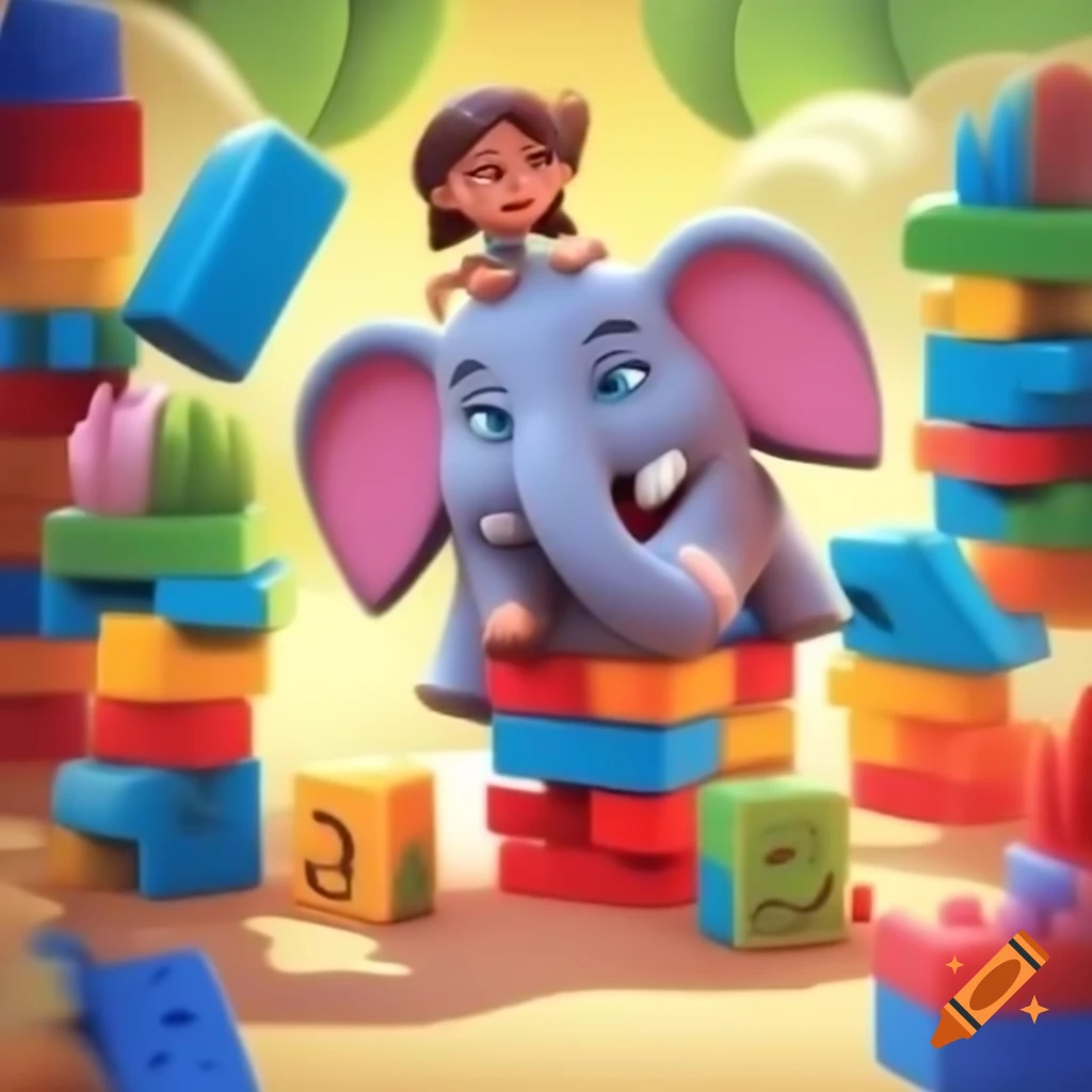 Elephant character Ellie expressing anger after toy block tower falls down