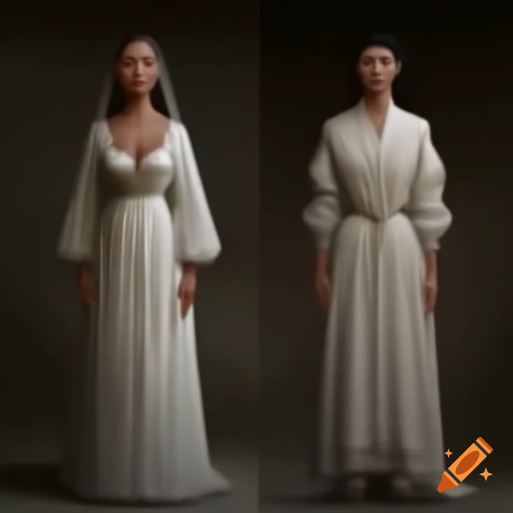 Two figures in traditional bridal gowns standing side-by-side