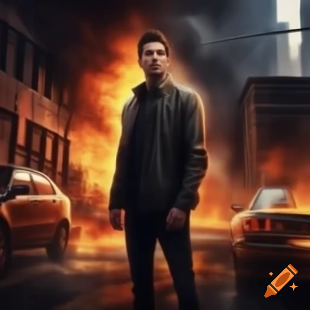 Man standing in city in front of burning building and car