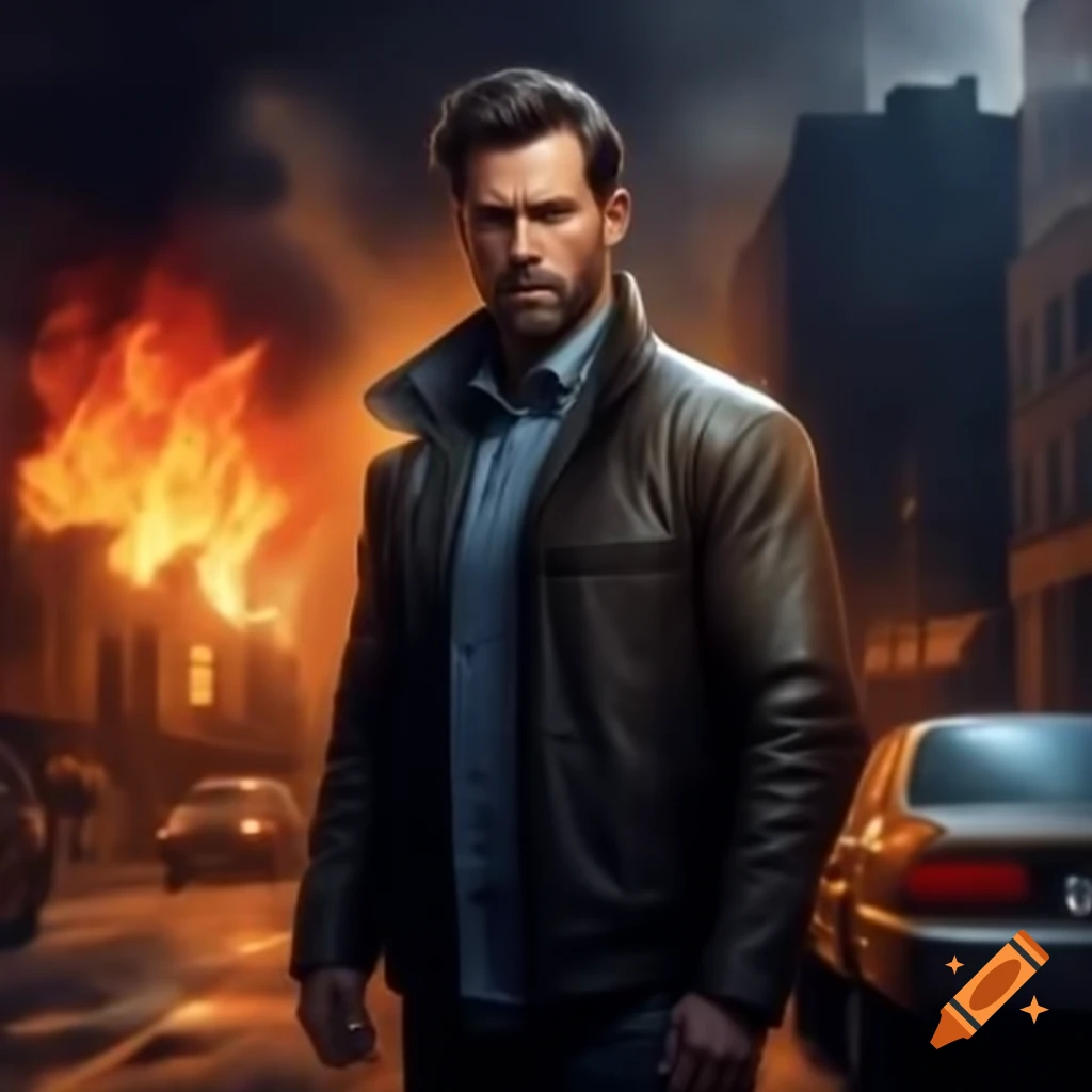 Man standing in city in front of burning building and car