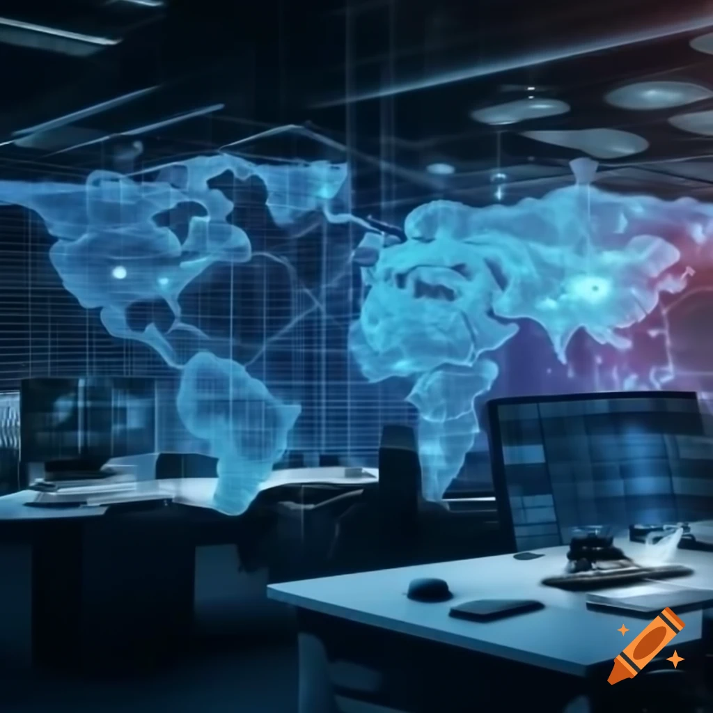 Futuristic digital workspace with technical schematics and vibrant ...