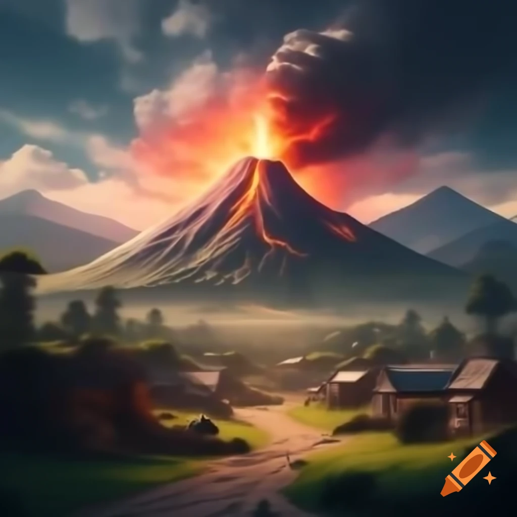 Small village at the base of an erupting volcano