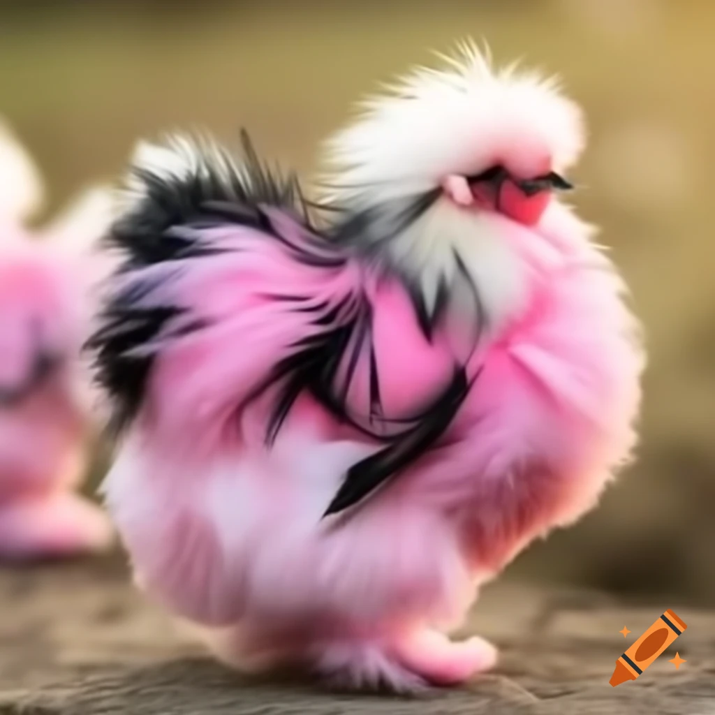 Fluffy silkie chickens in pink, white, and black colors
