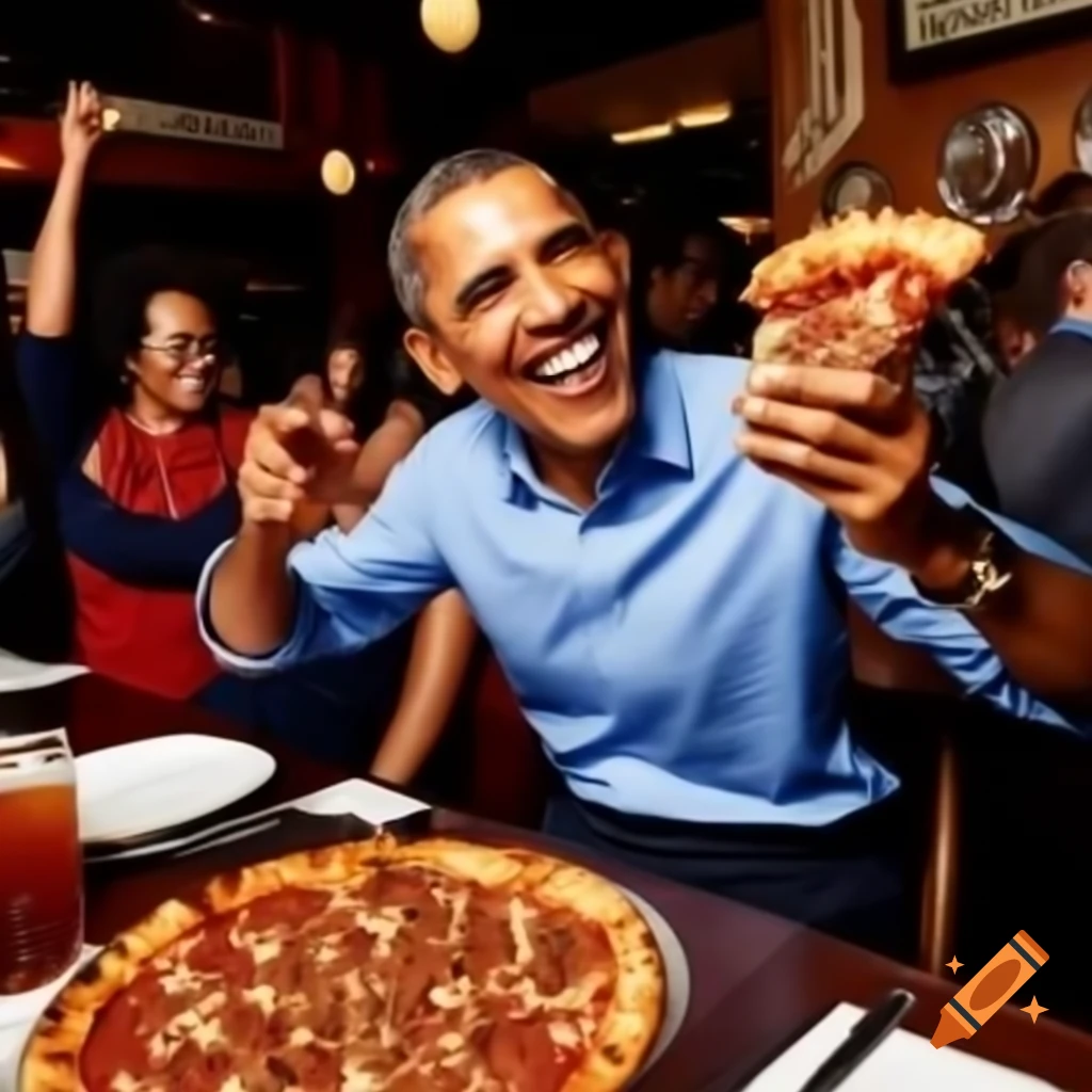Barack Obama enjoying kebab pizza at a vibrant restaurant