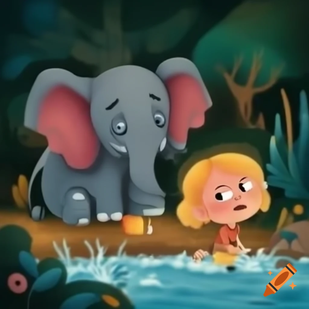 Elephant character Ellie from children's storybook experiencing sadness as her toys roll into the river
