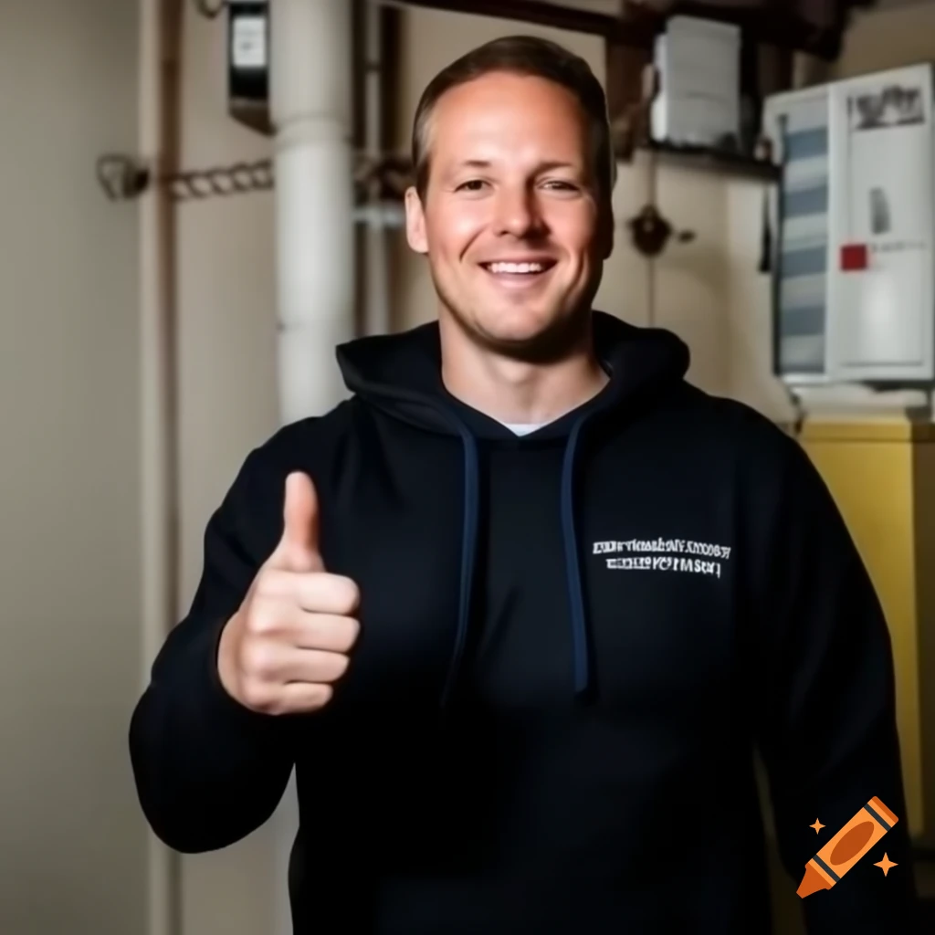 Dutch plumber in black hoodie smiling and giving thumbs up in boiler room