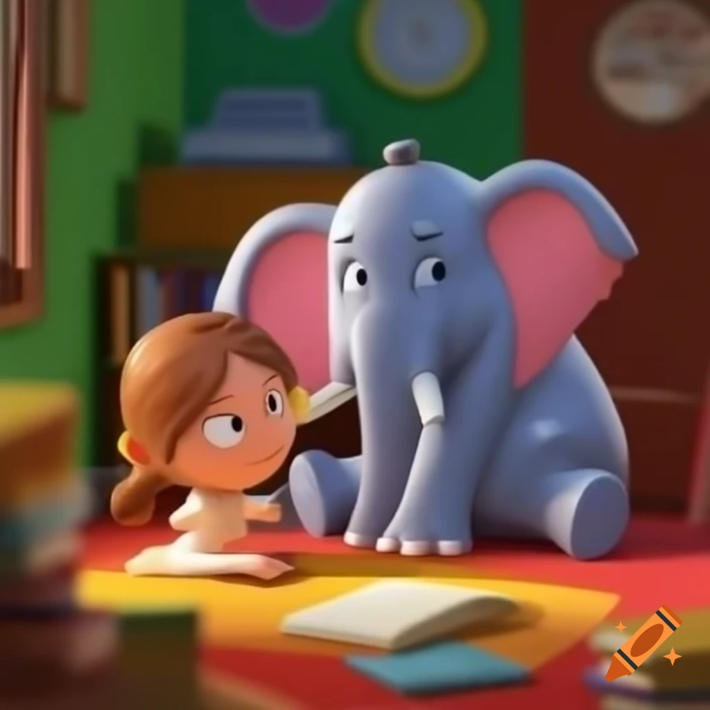 Elephant character Ellie calming down after her toy tower falls in children's story
