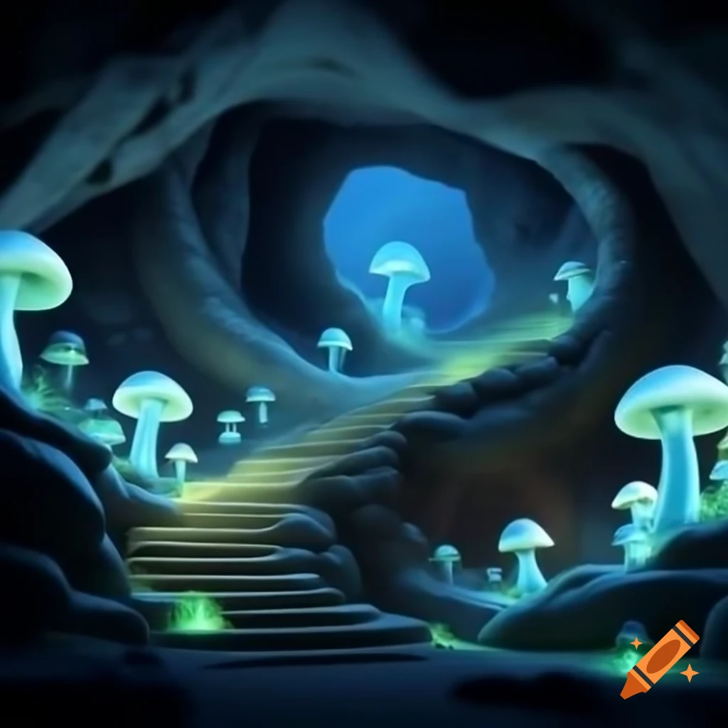Large cave with spiral stone staircase and glowing blue and green mushrooms