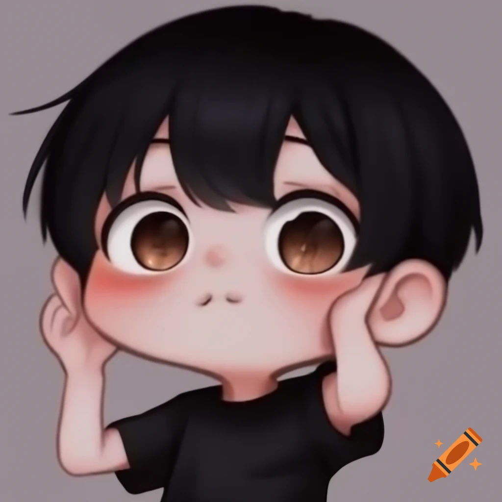 Chibi-style anime boy with black hair and dark brown eyes in black t ...