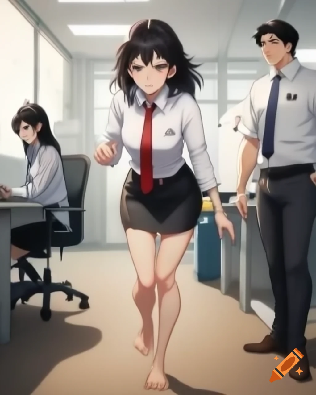 Playful young woman in disheveled business outfit crawling in office
