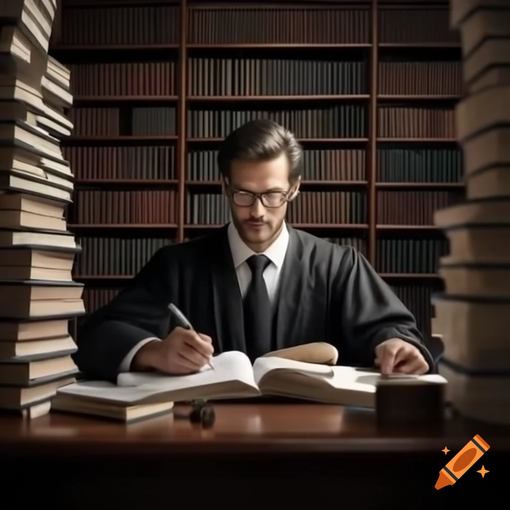 Lawyer studying surrounded by numerous books