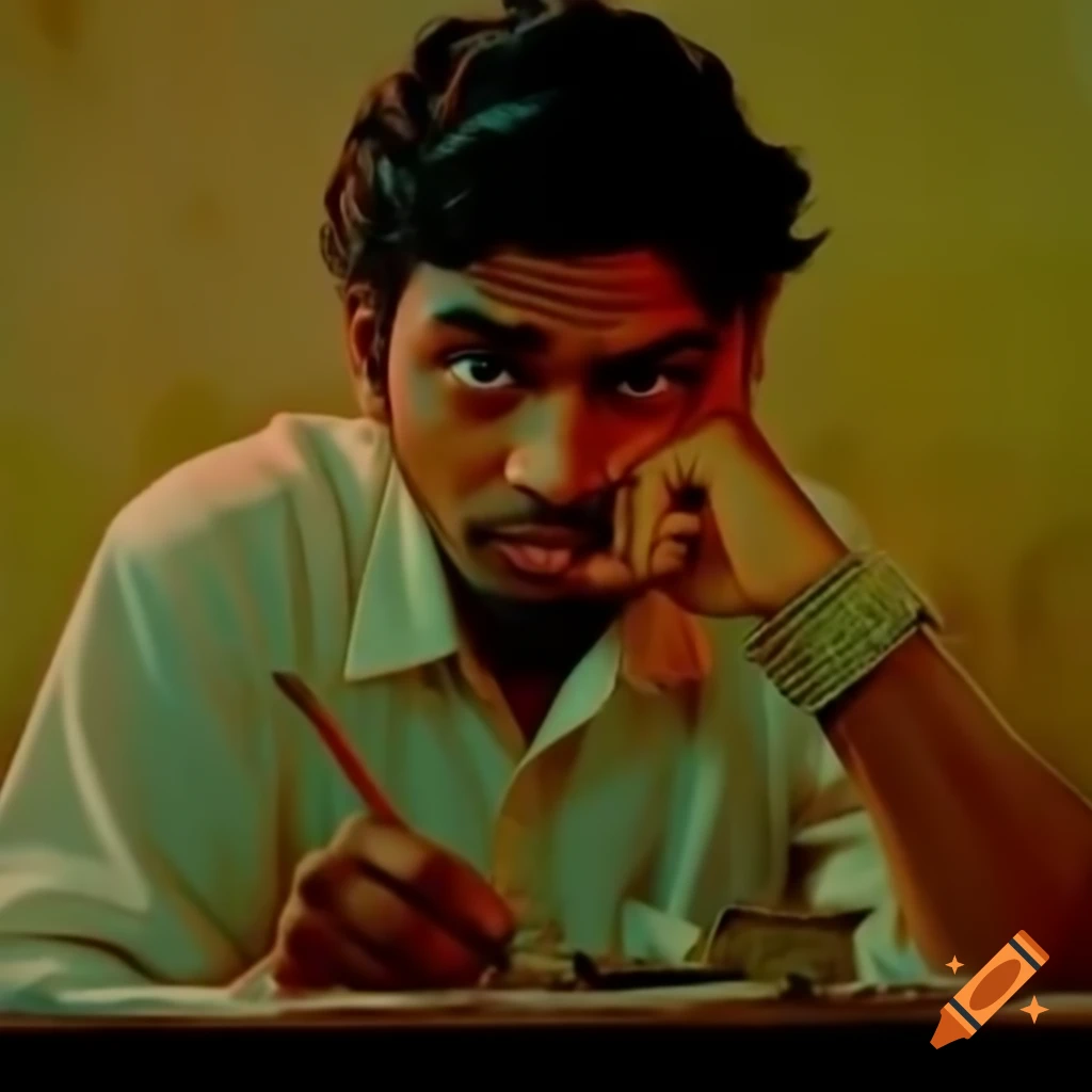 Young Indian man holding paintbrush, looking at unfinished canvas with determination