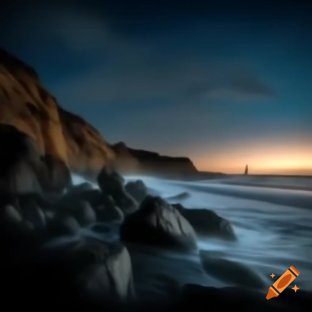 Atmospheric view of black cliffs at seafront in Los Angeles at night with violent waves