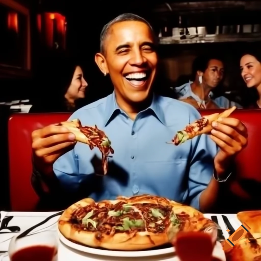 Barack Obama enjoying kebab pizza at vibrant restaurant on Craiyon