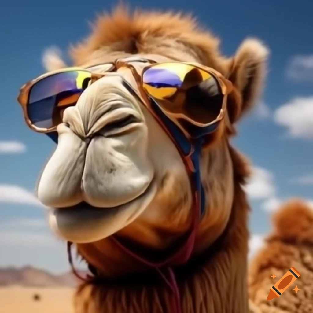 Camels wearing sunglasses with a cheerful expression