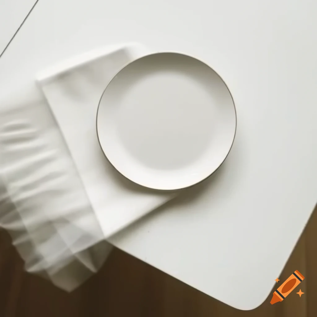 Plate on table with white sheet and tulle edge