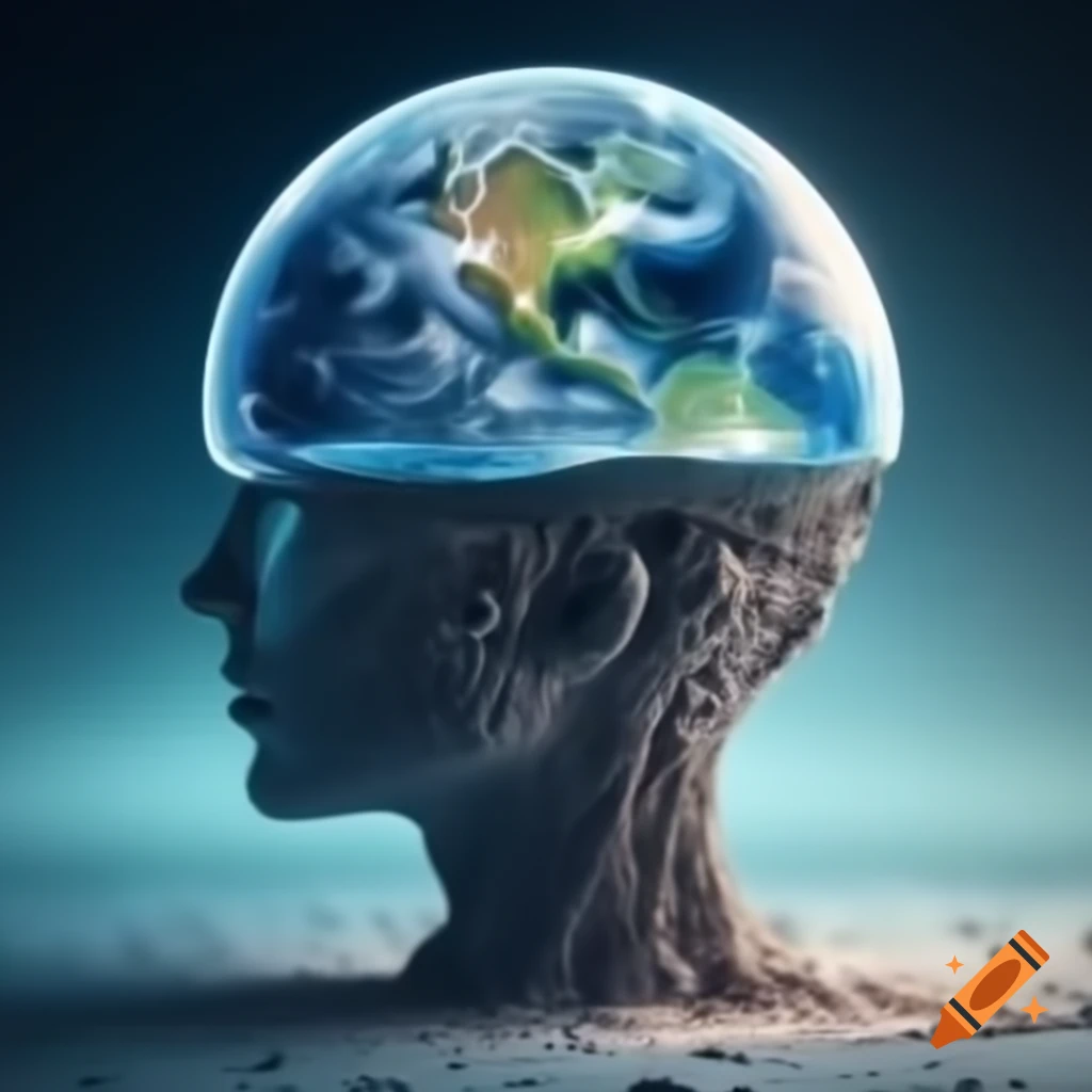 Conceptual illustration of a spherical world inside a human head