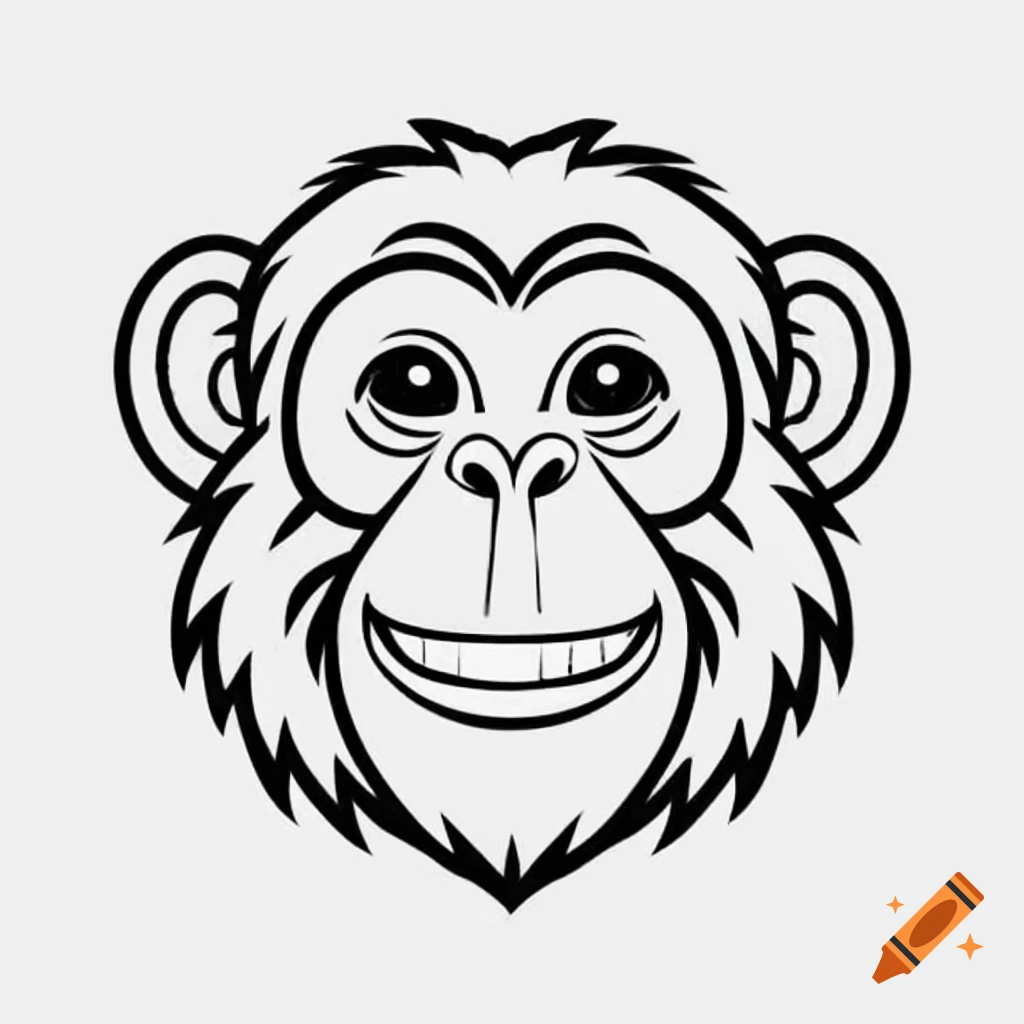 Happy chimpanzee in black and white line art style