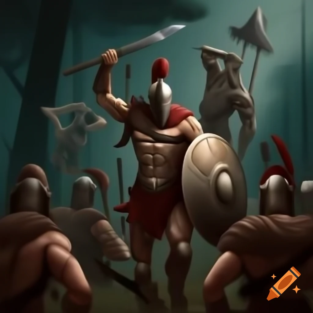 Spartan warrior facing hostile mercenaries in dark forest