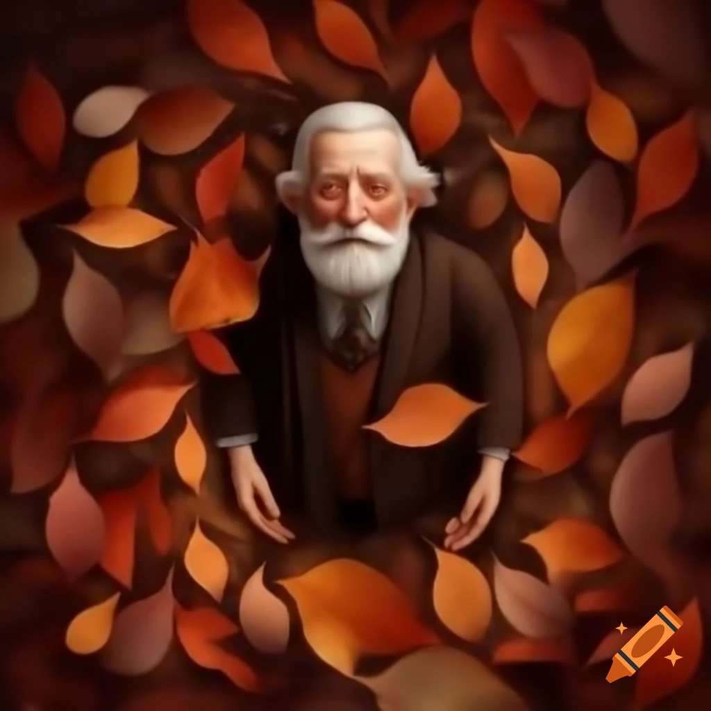 Elderly gentleman surrounded by swirling autumn leaves