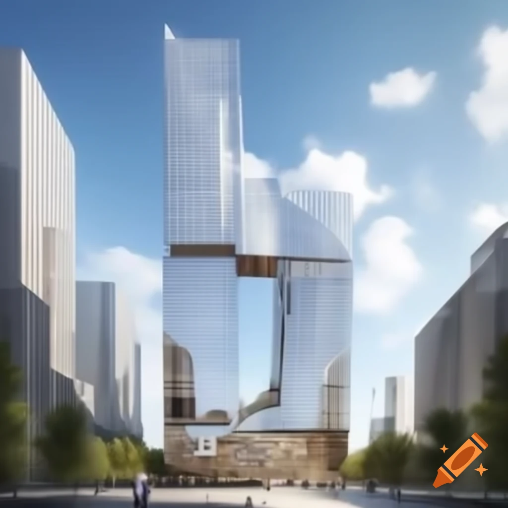 Photorealistic rendering of modern glass buildings with reflective facade