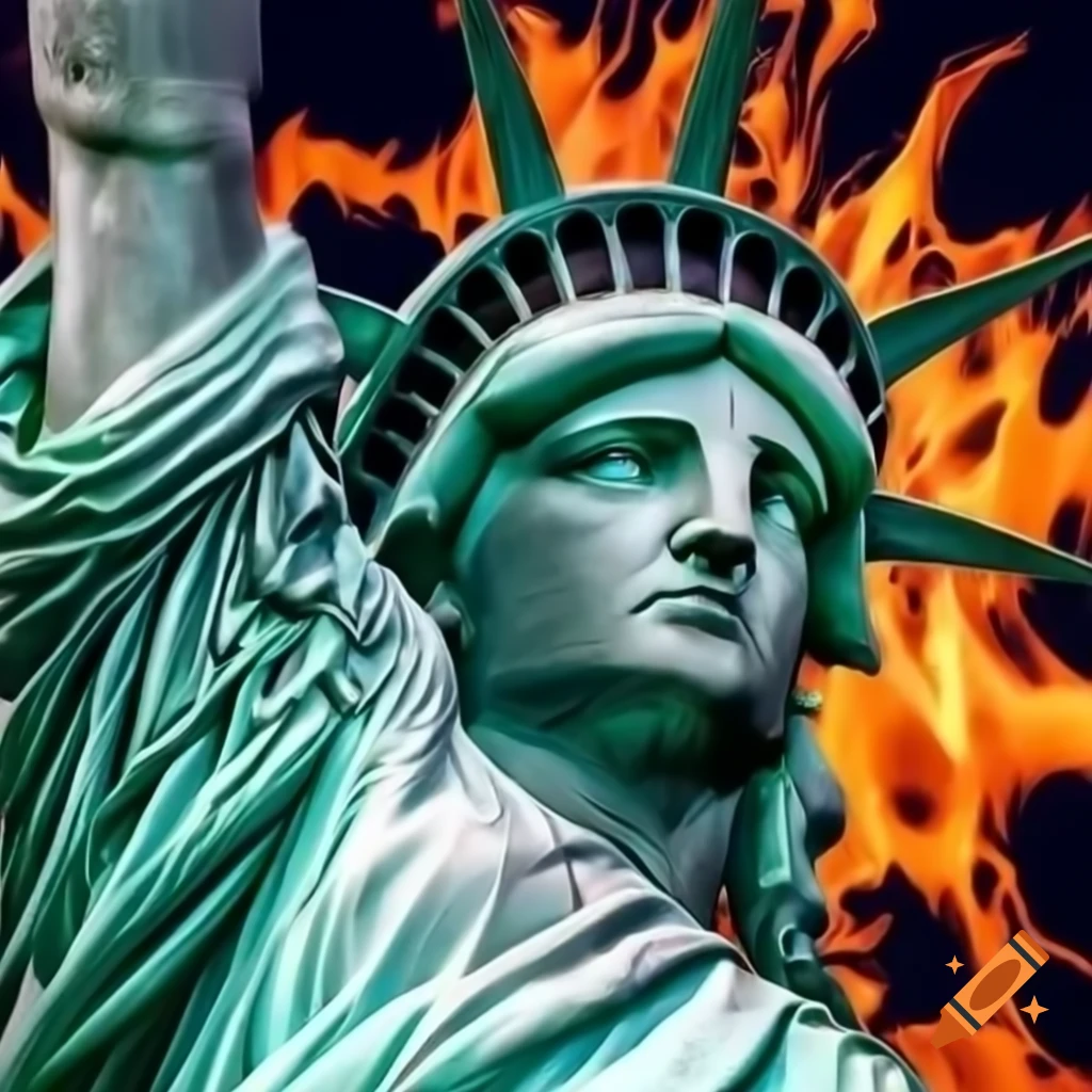 Statue of Liberty with tears, symbolizing grief and loss against flames